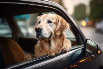 Golden retriever dog inside the car. Generative AI.