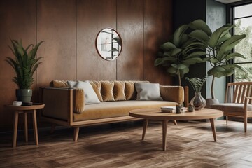 Charming modern decor with wood sofa wall   .Generative AI
