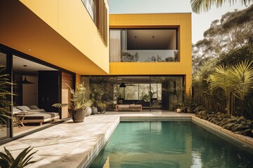 Obraz na płótnie Canvas Contemporary yellow residence with relaxing alfresco area.Generative AI