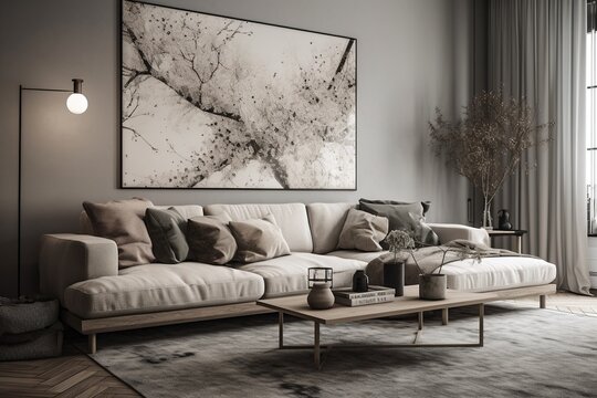  Contemporary mockup poster in a modern Scandi living room  .Generative AI