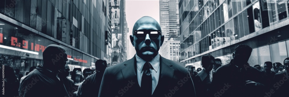 Aufkleber a man in a suit and tie walking down a crowded street. generative ai image.