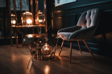 Obraz na płótnie Canvas Elegant home decor with cozy chair table and reflective.Generative AI
