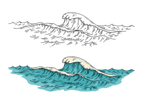 Sea waves. Vintage vector engraving color illustration. Isolated on white