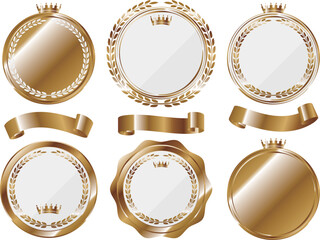 高級感のある王冠のエンブレムとリボンのセット　ホワイト＆ゴールド