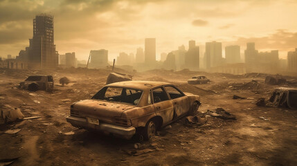 A desolate wasteland in a post-apocalyptic world, with an abandoned vehicle in the foreground. Generative ai - obrazy, fototapety, plakaty