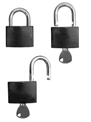 Lock open and lock closed isolated or on white background / top view of metal padlock /  Lock and...