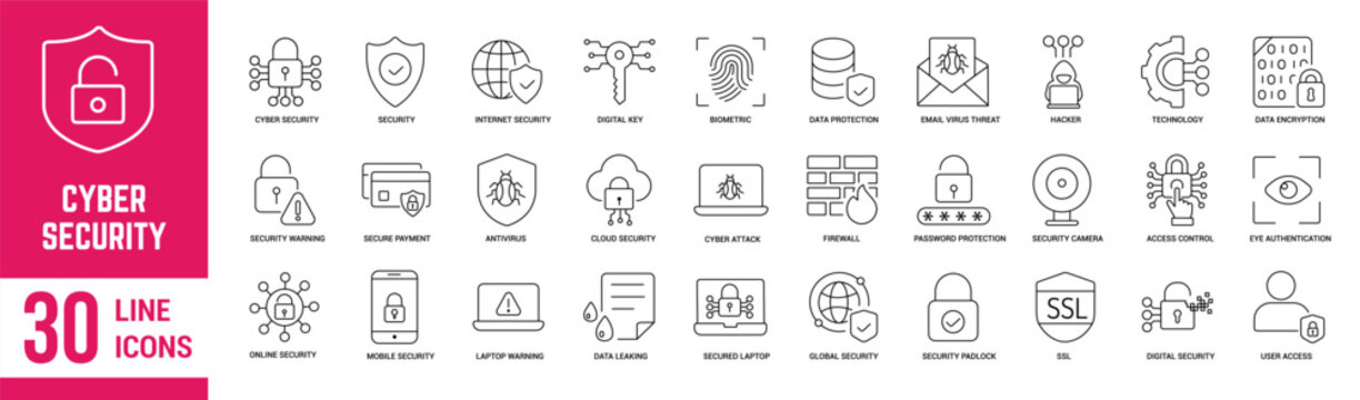 Cyber Security editable stroke outline icons set. Security, antivirus, data protection, spam, secure, password, privacy, padlock and hacker. Vector illustration.