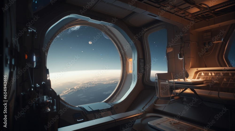 Poster a view of the earth from a space station. generative ai image.