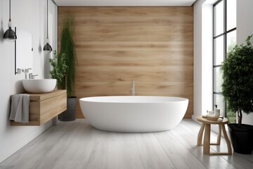 Fototapeta na wymiar interior modern architecture home luxury white house bathroom wood window bathtub. Generative AI.