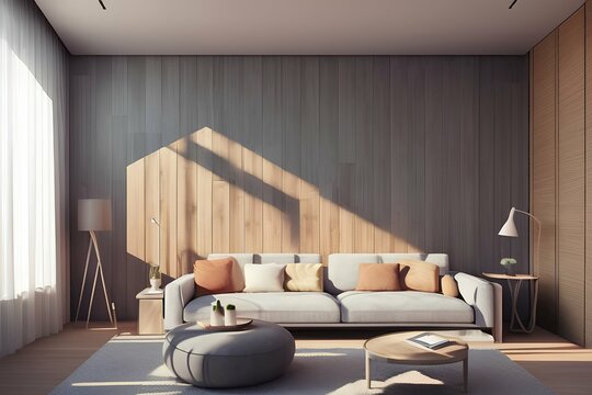Minimal luxury living room with wood patterned wall and sea view - generative ai
