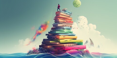 Person climbing a ladder to reach a floating island made of colorful, oversized books, symbolizing the pursuit of knowledge, concept of Intellectual curiosity, created with Generative AI technology