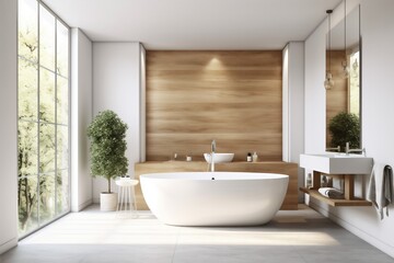 Naklejka na ściany i meble modern architecture bathtub white wood luxury interior bathroom house home loft. Generative AI.