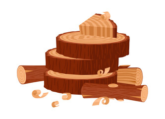 Cartoon firewood. Wooden tree trunks and logs, lumberjack workplace. Stacked woodwork flat vector background illustration