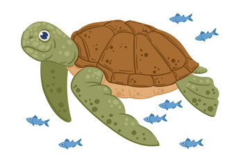Sea turtle. Cartoon swimming turtle, cute ocean animal. Water reptile flat vector background illustration