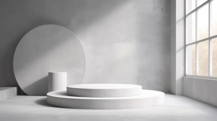 Three white round podiums in a empty room with sunlight shining through the window.