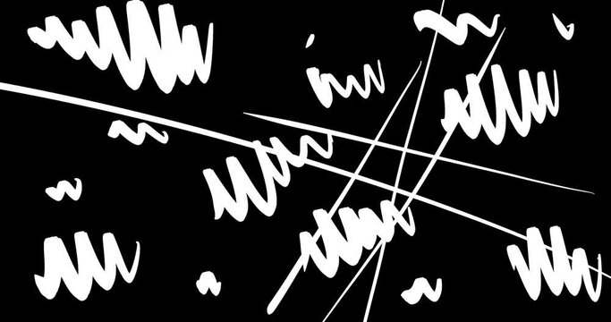 Animated Abstract Scribble Background. Texture brush patterns. Retro Film Aesthetic. Hand drawn Doodle Squiggle Elements, Isolated on Black. Loop 4K Video, Transparent Background, Alpha Channel. 