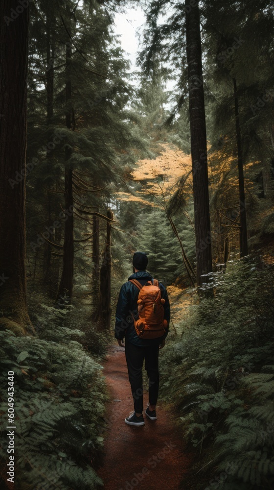 Poster a person with a backpack walking down a path in the woods. generative ai image.
