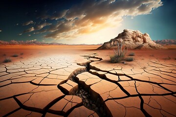 Arid Landscape with Cracked Soil Panorama. AI