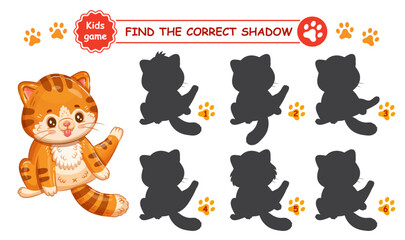 Cute red cat sit with paw up, find correct shadow shape. Education match children game. Funny little stripe kitten animal character washing lick itself. Search silhouette pair. Kid logic puzzle vector