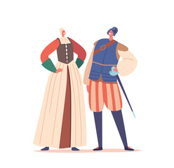Woman Peasant and Man Soldier Characters Wear Costumes Of The Renaissance Era, Reflecting The Fashion Trends