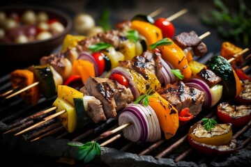 Grilled Skewers Vegetables on Fire. AI