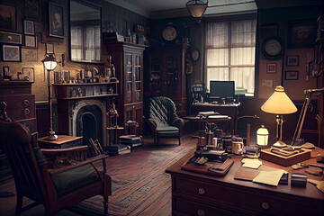 A charming illustration showcasing the vintage-style apartment of an old English gentleman, filled with antique furniture, rich textures, and a warm nostalgic atmosphere, generative ai