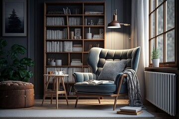 Modern Cozy Room with Scandinavian Bookcase and Armchair. AI