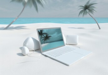 tropical computer travel concept laptop vacation palm tree summer beach. Generative AI.