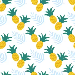 Gordijnen Pineapple and palm branch seamless pattern. Summer tropical background. Exotic fruit print for textile, packaging, paper and design, vector illustration © Татьяна Клименкова