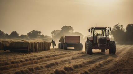 Fototapeta premium Modern Agriculture Tractor Harvesting Crops in the Fields. Generative ai
