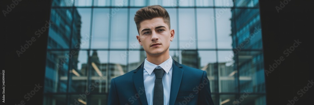 Poster a man in a suit and tie standing in front of a building. generative ai image.