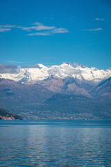 Obraz premium Scenic view of northern branch of Lake Como, Italy with snowcapped mountains