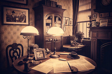 A charming illustration showcasing the vintage-style apartment of an old English gentleman, filled with antique furniture, rich textures, and a warm nostalgic atmosphere, generative ai