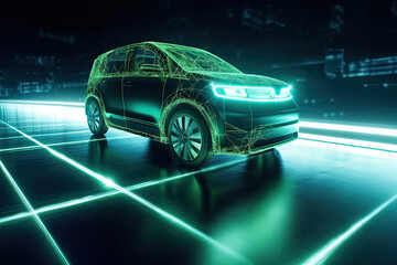 Green glowing modern electric car rides on dark background with glowing lines, created with Generative AI