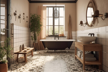  Modern cozy bathroom, classic interior design with beige, brown and black colors. Super photo realistic background, generative ai illustration