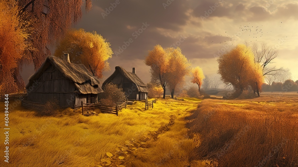 Poster a picture of a rural scene, complete with a home and some trees generative ai