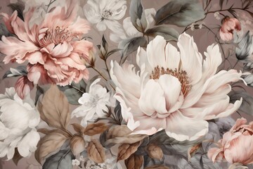 design wallpaper peony watercolor flower delicate illustration leaf background seamless greeting. Generative AI. - obrazy, fototapety, plakaty