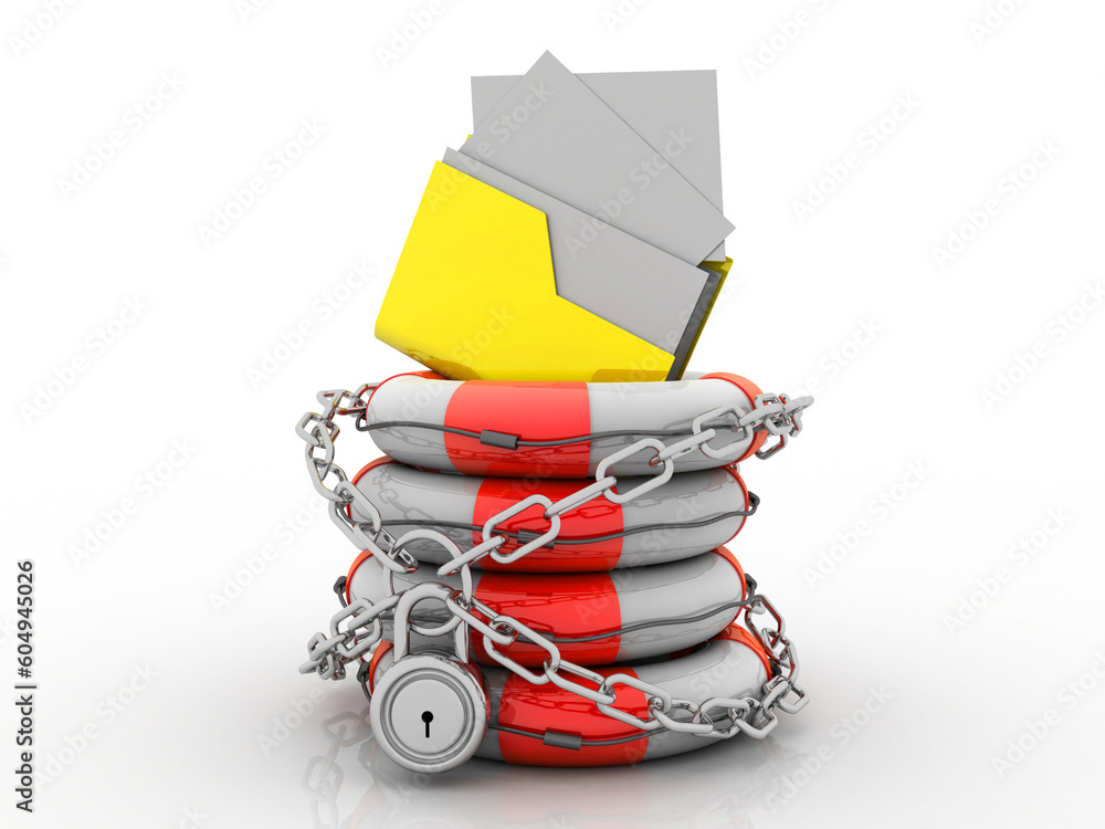 Poster 3d rendering yellow folder in lifebelt protection lock. data security concept