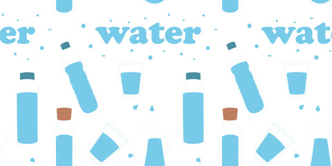 Seamless pattern with water bottles and a glass of water. a short phrase. H2O for health.