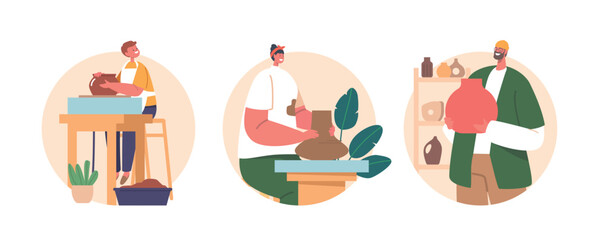 Adult and Child Potter Characters Craft Pottery At Workshop Isolated Round Icons or Avatars. Artists Create Ceramics