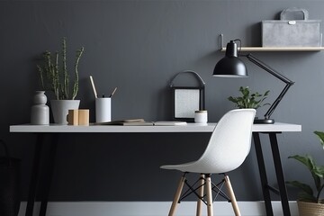 Single Desk at Home Office. Single Desk with Supplies and Wall Copy Space. Cute Single Desk for a Minimalist Workspace.