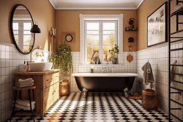 Naklejka na ściany i meble Modern cozy bathroom, classic interior design with beige, brown and black colors. Super photo realistic background, generative ai illustration