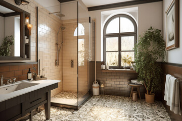  Modern cozy bathroom, classic interior design with beige, brown and black colors. Super photo realistic background, generative ai illustration
