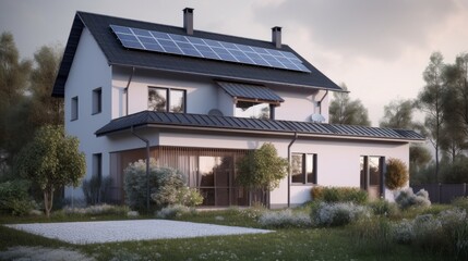 Fototapeta na wymiar Brand new house with solar panels on the roof, symbolizing clean energy under a sunny sky. Created by AI