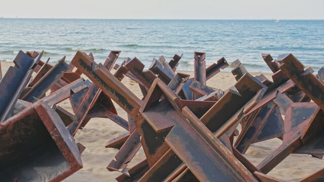 Military Defensive Anti Tank Infantry Metal Obstacles Preventing Sea Invasion Landing Deployed on Beach