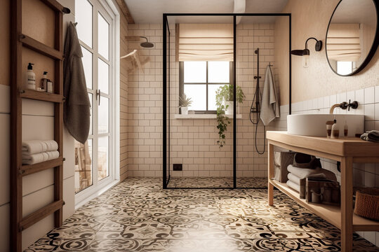  Modern cozy bathroom, classic interior design with beige, brown and black colors. Super photo realistic background, generative ai illustration