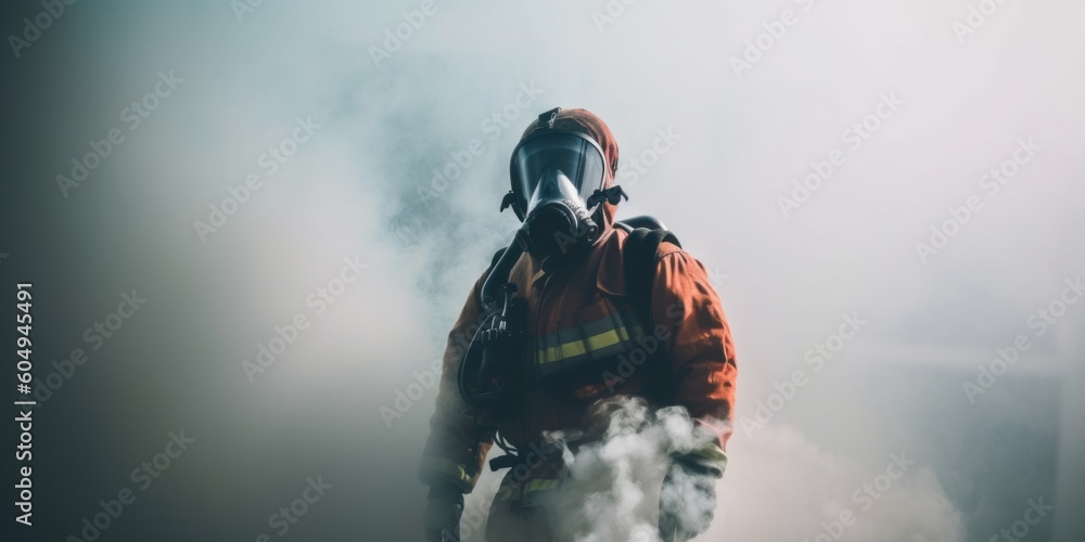 Poster a man in a gas mask and a jacket. generative ai image.