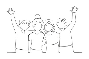 Four happy friends together. Friendship Day one-line drawing