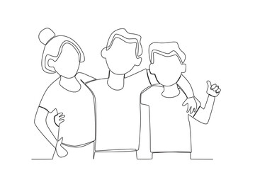 Three friends hugging. Friendship Day one-line drawing