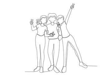 Three friends are posing. Friendship Day one-line drawing